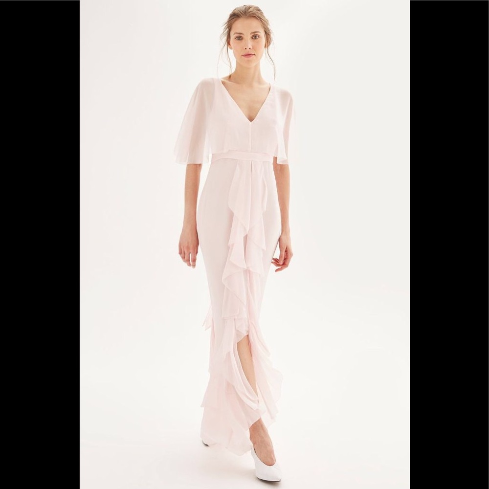 Elegant Blush V-Neck Ruffle Maxi Dress